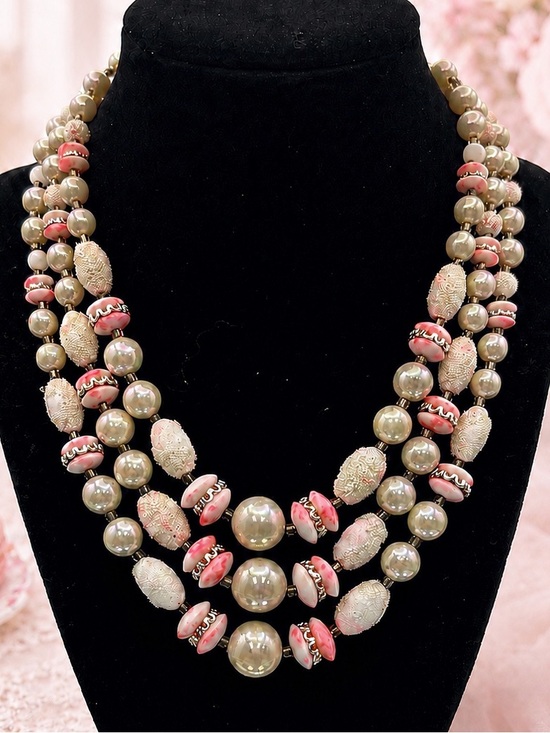 Japan Jewelry - Vintage Japan Frosted Pink, Cream & Silver 3 Stranded Beaded Necklace.
